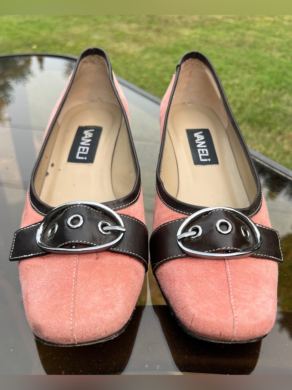 Vaneli Pink Suede Flats with Dark Brown Leather Strap and Silver Buckle
